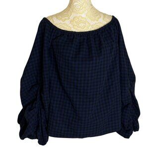 Guest Editor Anthropologie Peasant Blouse Top Shirt Plaid Blue Black S